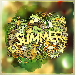 Summer hand lettering and doodles elements. Vector blurred illus