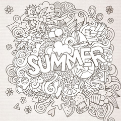 Summer hand lettering and doodles elements. Vector sketchy illus