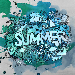 Summer watercolor hand lettering and doodles elements
