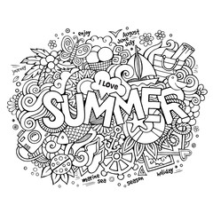 Summer hand lettering and doodles elements. Vector illustration