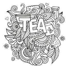 Tea hand lettering and doodles elements background 