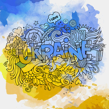 Ukraine hand lettering and doodles elements background