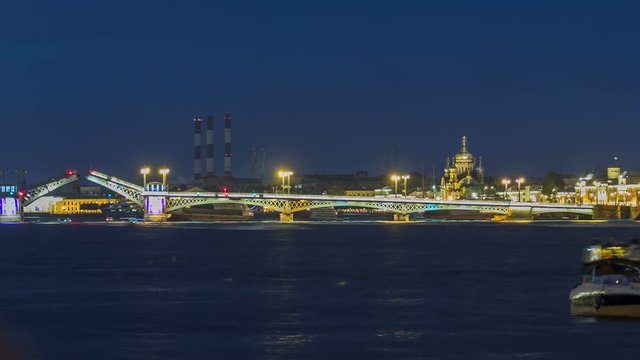 The Blagoveshchensky Annunciation Bridge timelapse during the White Nights in St. Petersburg, Russia
