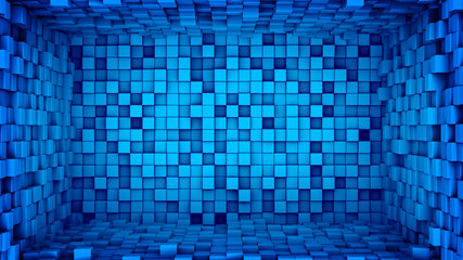 Room of blue cubes extruded. Abstract 3D render