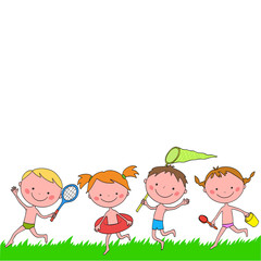 Boys and girls with items running on the grass