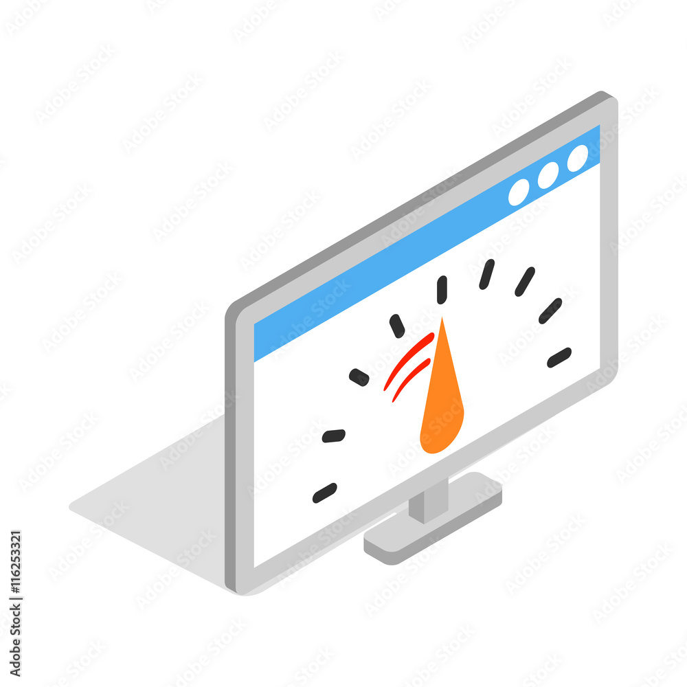 Poster computer monitor with speed test icon in isometric 3d style on a white background