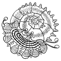 Abstract seashell line ethnic decorative ornament drawn outline isolated on white background sacred geometric decor element design print pattern vector illustration for coloring book or page for adult