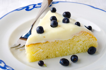 Homemade cake with cream, blueberries and mint on white background