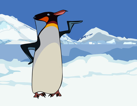 Cartoon king penguin in snowy mountains and ice