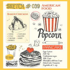 Sketchbook with traditional US food.