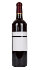 A full bottle of red wine with blank labels isolated on a white background