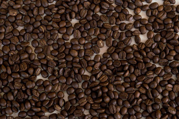 Coffee beans on wood background.