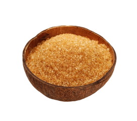 Coconut half and coconut sugar isolated on white background