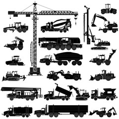Set of heavy construction machines silhouettes, icons, isolated,
