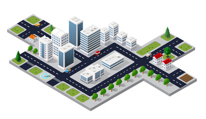 Isometric 3D cityscape view of the top of the house and street trees
