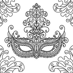 vector black and white illustration, outline, coloring, mask, masquerade, carnival, theater, holiday, party