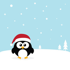 Penguin standing on white snow in Antarctica's winter background. Cute Penguin cartoon flat design vector illustration.