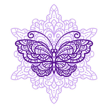 vector illustration, outline, mandala, butterflies, summer, doodle style, tattoo