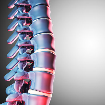  3d image of a blue spine with red areas indicating health problems. concept of problems related to hernia and posture.
