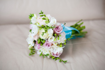Close up of beautiful wedding bouquet on white background