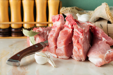 Chopped pork on a marble countertop