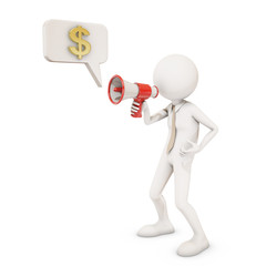 3d character shouting in megaphone about money, 3d rendering