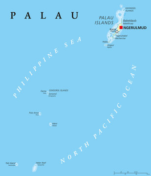 Palau political map with capital Ngerulmud. Republic and island country in North Pacific Ocean forming the western chain of Caroline Islands in Micronesia. English labeling. Illustration.