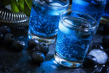 Cocktail with soda, gin and berries, black background, selective