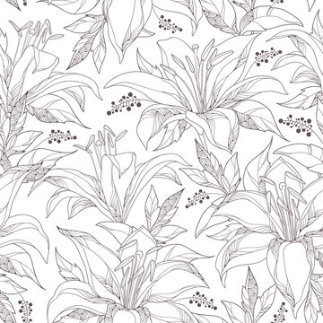 Seamless pattern with ornate white Lily flower and leaves on the white background. Elegance monochrome floral background with lilies in contour style for summer design and coloring book.