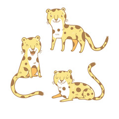 Obraz premium Cute cartoon leopards set. Three little wild kitten. Funny african animals. Children's illustration. Collection for kids. Vector image.