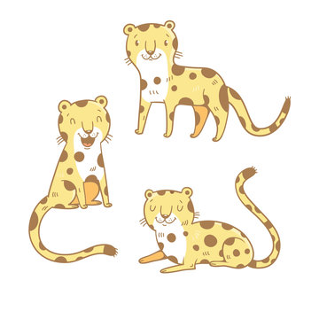 Cute cartoon leopards set. Three little wild kitten. Funny african animals. Children's illustration. Collection for kids. Vector image.