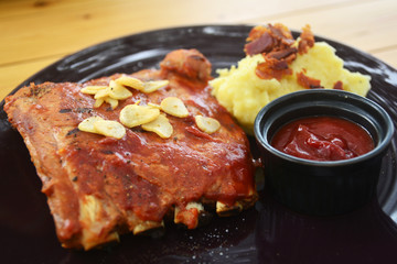 Roasted sliced barbecue pork ribs.