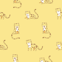 Seamless  pattern with cute cartoon leopards on  yellow background. Funny african animals. Wild cats. Children's illustration. Vector image.