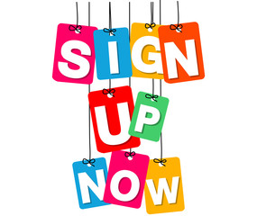 Vector colorful hanging cardboard. Tags - sign up now