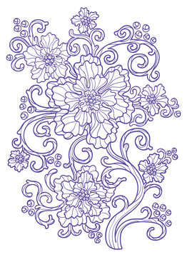 Vector illustration, outline, coloring book, hand painting, oriental ornaments, flowers, branches, leaves, tattoo, abstract, floral pattern, doodle, boho style, summer