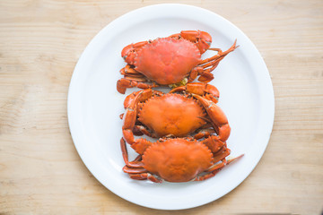Hot Steamed black Crabs in white dish