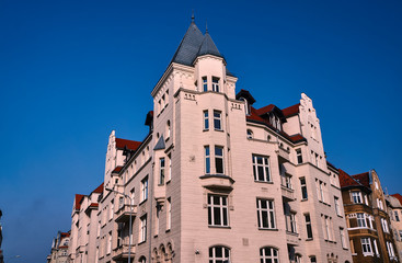 Fototapeta na wymiar Turret and facade Art Nouveau building in Poznan.
