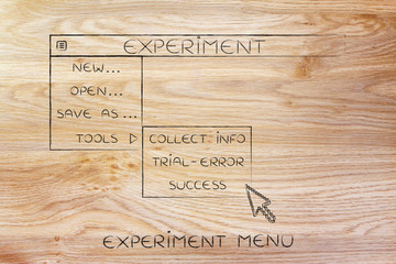 Experiment dropdown menu, pointer selecting the Success option