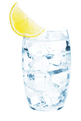Fototapeta na wymiar Glass of pure water with ice cubes and lemon slice
