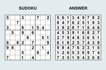 Vector sudoku with answer. Puzzle game with numbers.