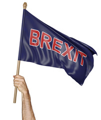 Person's hand holding a waving flag with the word Brexit, 3D rendering