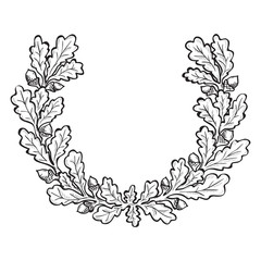 Artistic hand drawn illustration of oak wreath - obrazy, fototapety, plakaty