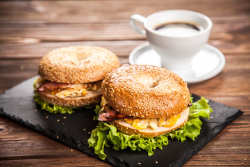 Bagel with bacon and egg