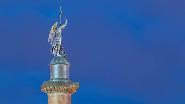 Statue of angel on the Alexandria column on Palace Square night timelapse .Saint- Petersburg. Russia