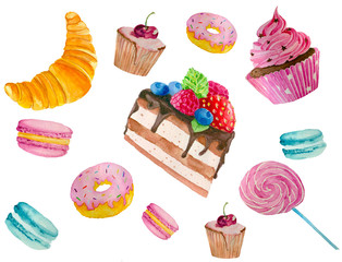 Hand painting watercolor illustration of sweets:donuts,cakes,cupcakes