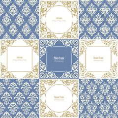 Elegant frames and damask seamless patterns set. Templates for wedding or scrapbook design.