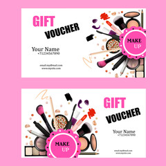 Gift Voucher Card Design Set. Cosmetic Products for Make Up Artist Vector Illustration with Pencil, EyeShadow,Powder,Lipstic,Mascara,Brush. Printable Template for Banner, Poster, Voucher, Booklet.