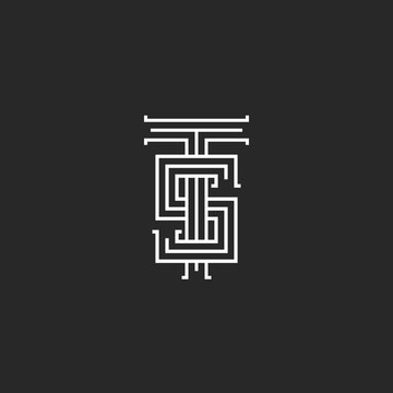 Hipster logo TS combination two letters T S, black and white mockup t-shirt print couple ST linear emblem