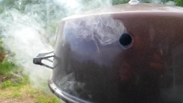 Smoke coming out from a smoker box, at a barbeque party, in slow motion