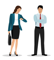 Flat style business people: businessman and businesswoman in stylish clothes. Vector illustration isolated.